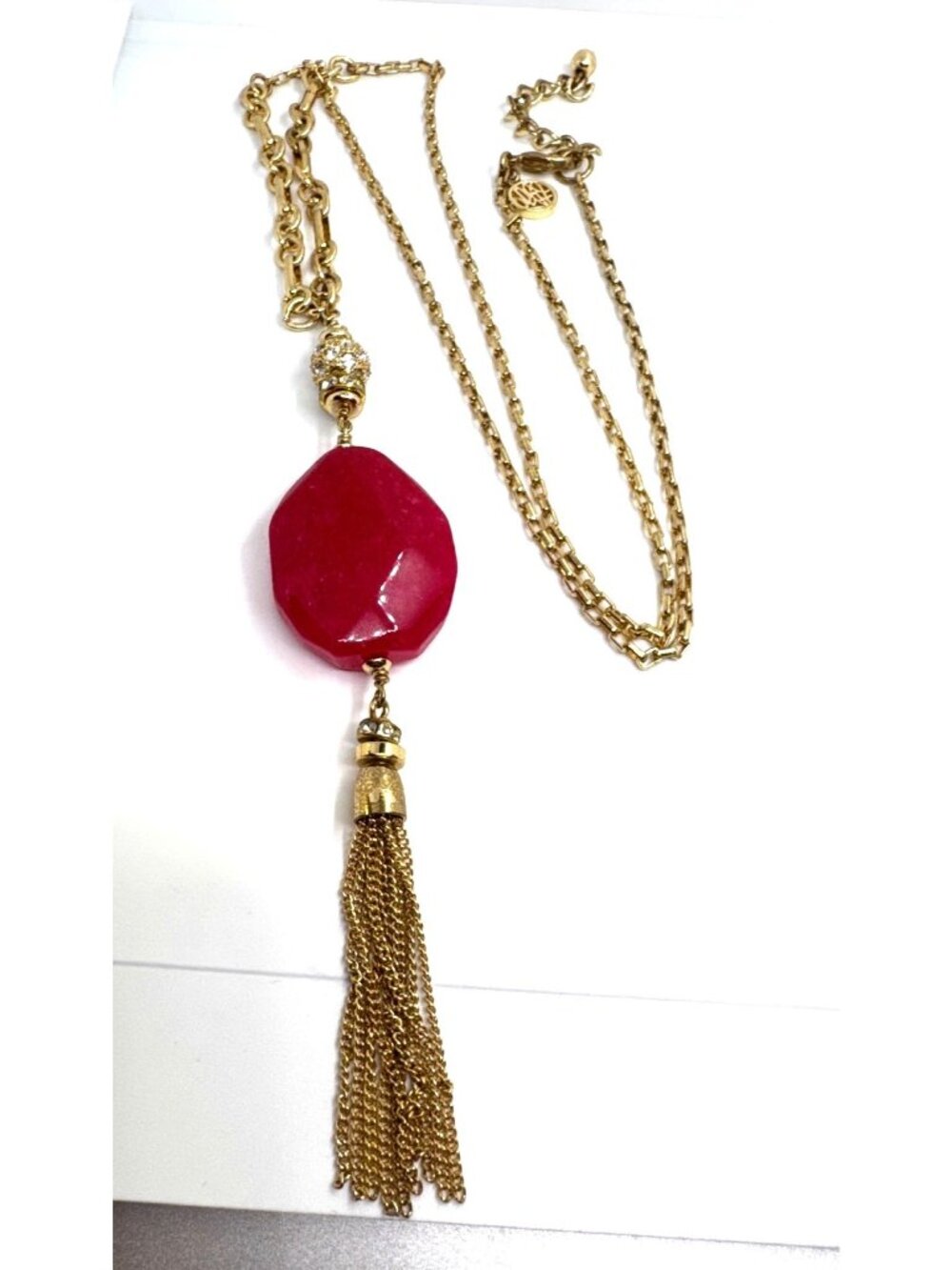 Kendra Scott Rayne Maroon Jade Gold Tassel Necklace 32" Retired Signed Boho Luxe